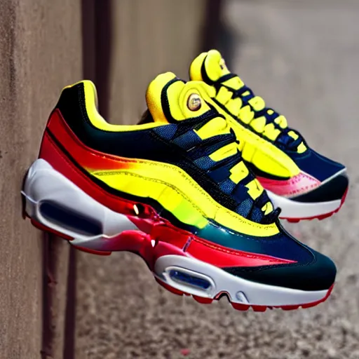 Image similar to Pikachu themed air max 95's Yellow Red and Black