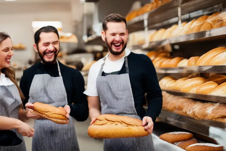 Image similar to 3 people in a bakery laughing at bread,