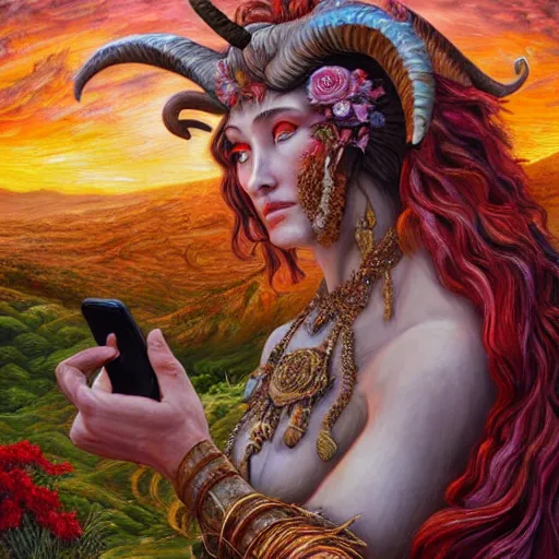 Image similar to painting by senior concept artist josephine wall, horned ram goddess checking her cell phone, erupting volcano and sunset in distance in background, flowers in foreground, trending on artstation, zodiac, fantasy, acrylic on canvas, intricately detailed, highly detailed, high resolution, hd, hdr, 8 k