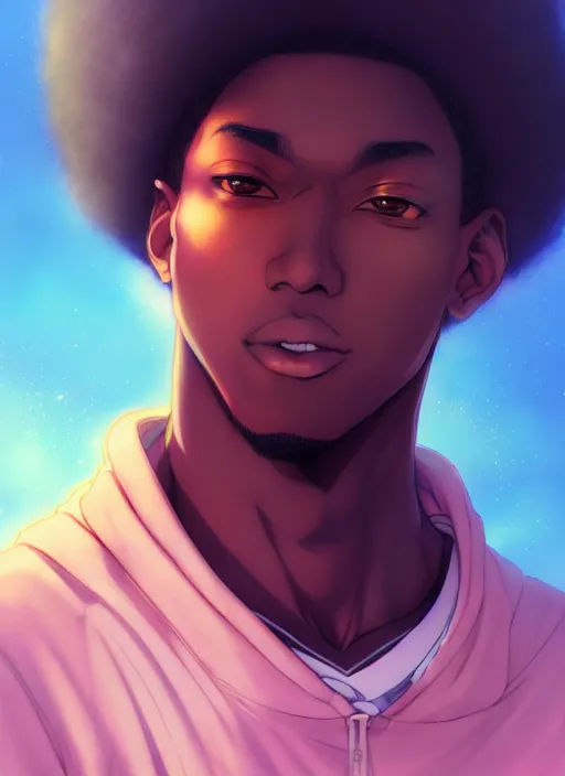 Image similar to handsome hip hop young black man, model pose, joyful, anime style, scenery wallpaper aesthetic, pastel colors, symmetrical face, cinematic, dramatic, super detailed and intricate, hyper realistic, 4 k render, by artgerm, by kyoung hwan kim, by ralph mcquarrie, by yoshiyuki tomino