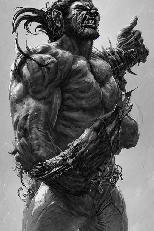 Prompt: portrait of a young ruggedly handsome hulking herculean orc bugbear demon pirate, male, masculine, upper body, night black hair, fantasy, frown, war face paint, intricate, elegant, highly detailed, digital painting, artstation, concept art, matte, sharp focus, illustration, art by artgerm and greg rutkowski and alphonse mucha