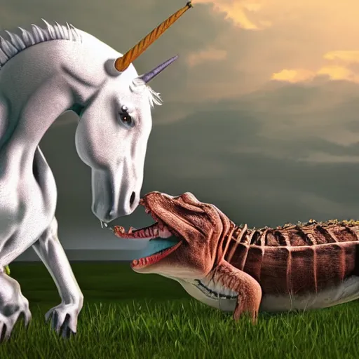 Image similar to a digital painting of a unicorn writing an alligator like a man rides a horse, studio cgi, unreal engine 5