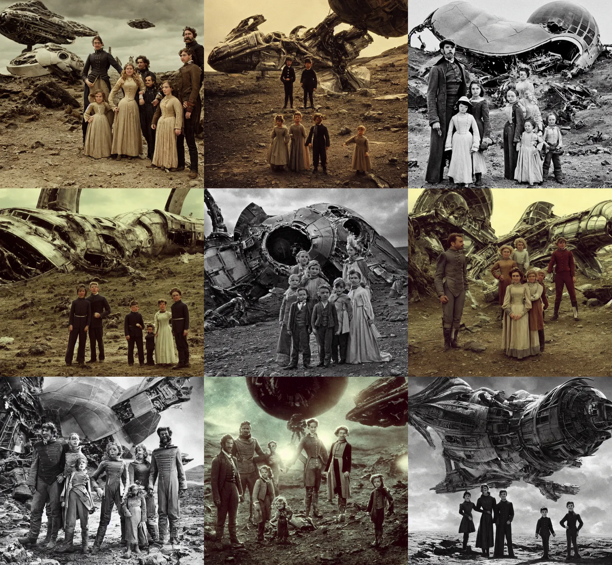 Prompt: extremely sharply detailed, scan from blockbuster 9 k sci fi color movie freeze frame, set 1 8 6 0, family standing in front of crashed spaceship, on alien planet, looking happy, wearing 1 8 5 0 s era clothes, atmospheric lighting, in focus, reflective eyes, 9 9 9 9 9 mm macro lens, live action, nice composition and photography, clear facial details