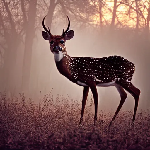 Image similar to a beautiful spotted deer in the woods lit by the morning sky, sunrise, chital, photorealistic, by annie leibovitz and steve mccurry, natural light, canon eos c 3 0 0, ƒ 1. 8, 3 5 mm, 8 k, medium - format print