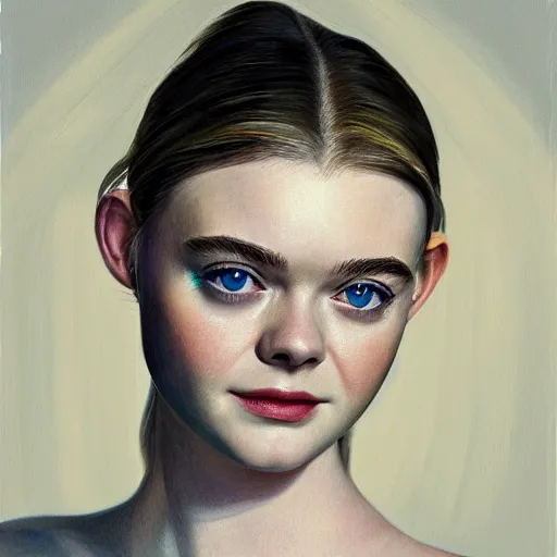 Prompt: professional painting of Elle Fanning in the style of Karl Gerstner, head and shoulders portrait, symmetrical facial features, smooth, sharp focus, illustration, intricate, stormy weather, extremely detailed masterpiece,