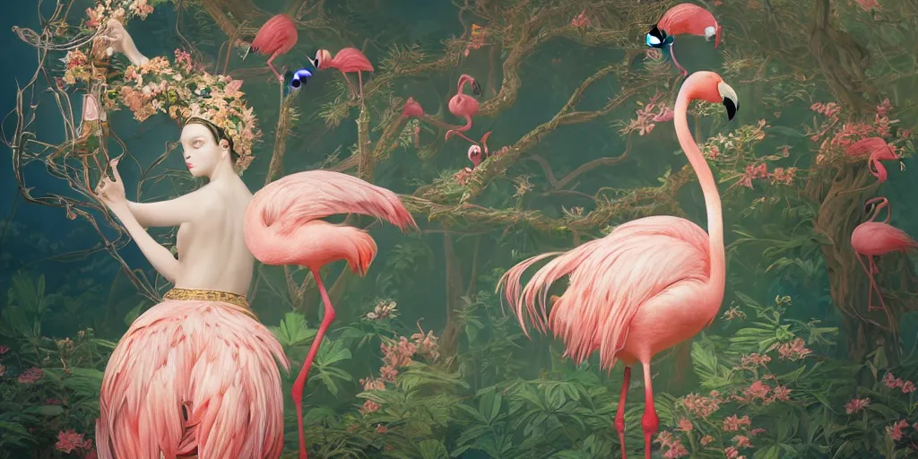 Prompt: breathtaking detailed concept art painting of the goddess of flamingo, orthodox saint, with anxious, piercing eyes, ornate background, amalgamation of leaves and flowers, by Hsiao-Ron Cheng and John James Audubon, extremely moody lighting, 8K