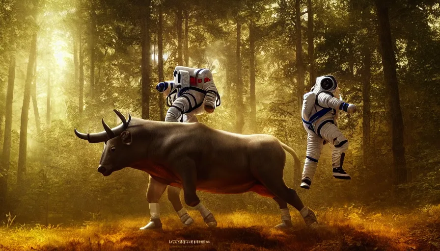 Image similar to american astronaut in the forest riding a bull, objects well lit, plants environment, wide angle, cinematic lighting, atmospheric, realistic, octane render, highly detailed, color graded, in the style of craig mullins