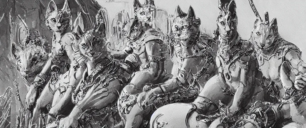 Prompt: A beautiful illustration of anthropomorphic Feline warriors statues by Robert McCall and Ralph McQuarrie | sparth:.1 | Graphic Novel, Visual Novel, Colored Pencil, Comic Book:.2 | unreal engine:.5 | establishing shot