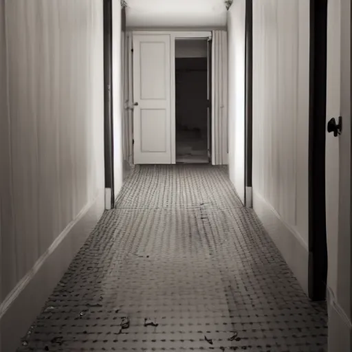 Image similar to infinite bathroom hallway, horror movie