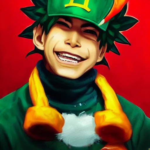 Image similar to an oil painting of a izuku midoriya wearing a hip - hop rap christmas hat drawn by frank frazetta, hd, hdr, ue 5, ue 6, unreal engine 5, 3 d, cinematic 4 k wallpaper, 8 k, ultra detailed, high resolution, artstation, award - winning pencil drawing