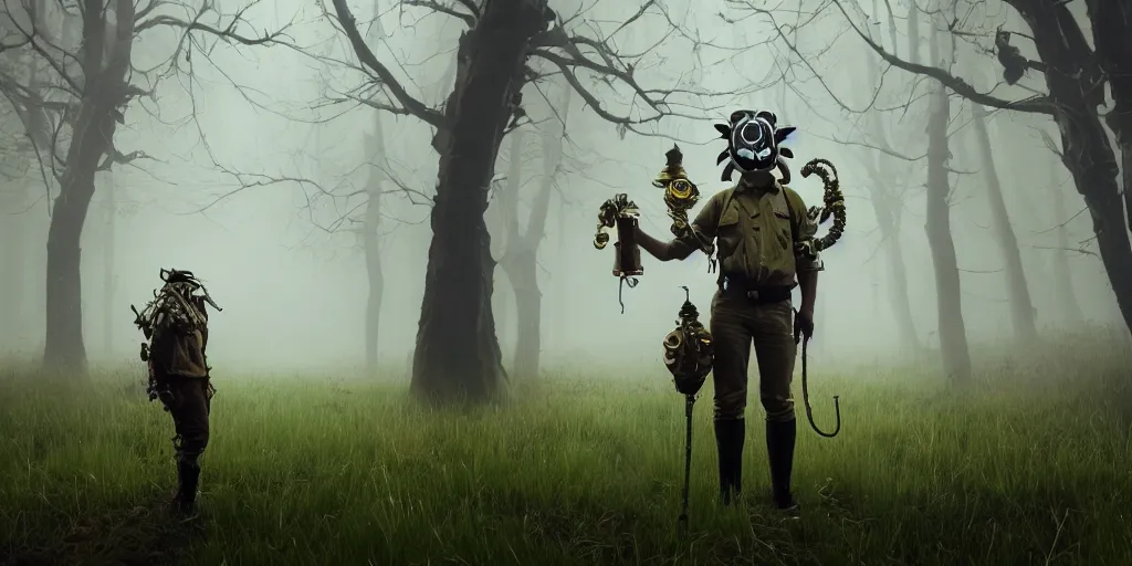 Image similar to a beautifully strange image of a gamekeeper wearing a dieselpunk mechanical fluorescent mystical animal mask. walking in the misty, dangerous river. in style of fornite game. award winning. dramatic. trending on artstation. high quality. rendered by beeple, by makoto shinkai, syd meade, digital art, unreal engine 5, fornite game. octane render