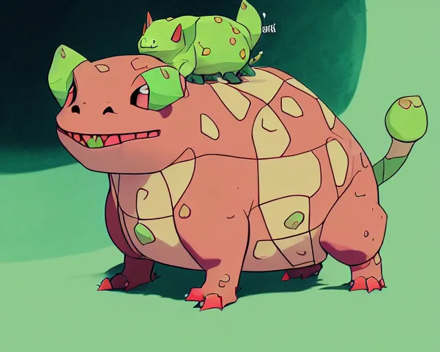 Image similar to cell shaded cartoon of a realistic bulbasaur. full body, concept art by josan gonzales and wlop, by james jean, victo ngai, david rubin, mike mignola, deviantart, art by artgem