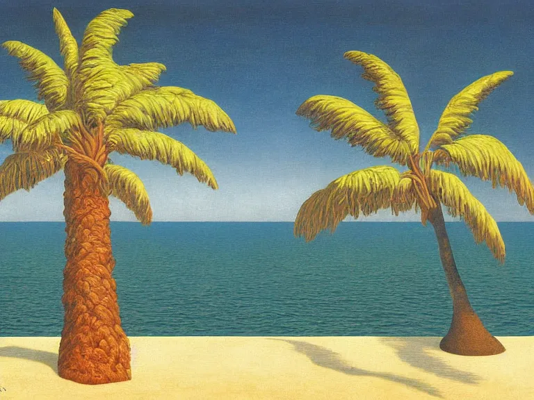 Image similar to lonely island with a palm tree in the middle of the sea painting by rene magritte, high detail, high resolution