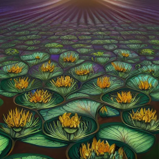 Prompt: a beautiful and detailed picture of a field of black lotus flowers with petals in a fibonacci sequence, in the style of magic the gathering, highly detailed, digital painting, god rays, volumetric lighting, octane render, 4 k resolution, art by artgerm and greg rutkowski and alphonse mucha, masterpiece