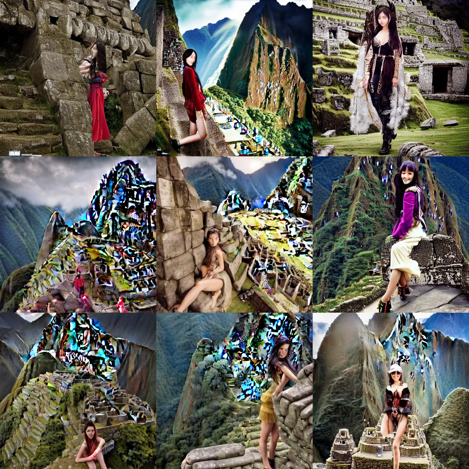 Prompt: angelababy in the ruins of Machu Pichu, styling by Tom Eerebout & Sandra Amador, photo by mario testino, cinematic, hyper detailed, micro details, insanely detailed, trending on artstation