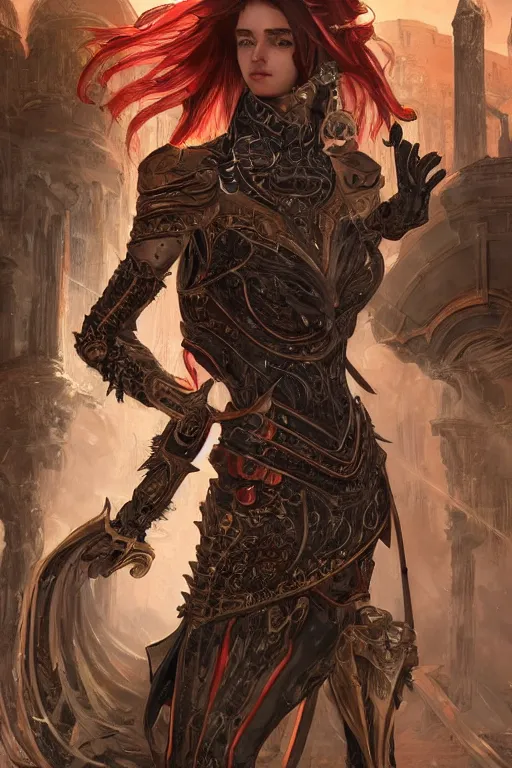 Image similar to portrait knights of Zodiac girl, metallic black and reddish armor, in ruined Agora of Athens, ssci-fi, fantasy, intricate, very very beautiful, elegant, highly detailed, digital painting, artstation, concept art, smooth, sharp focus, illustration, art by tian zi and WLOP and alphonse mucha