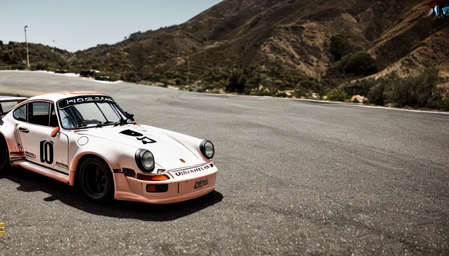 Image similar to photograph, PORSCHE RSR, IROC, by Pete Biro, Peter Singhof, press release, cinematic, malibu canyon, 8k, depth of field, bokeh. rule of thirds, copper accents