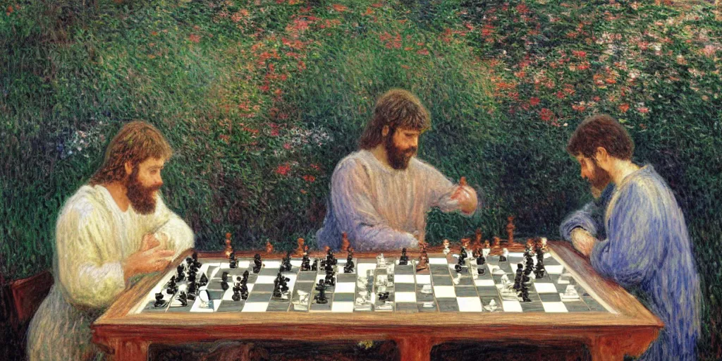 Prompt: jesus and magnus carlsen playing chess in heaven by monet