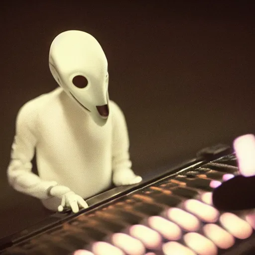 Image similar to cinematic film still of Pharrell Williams Making A Beat with an anthropomorphic alien, Japanese VFX, 2018, 400mm lens, f1.8, shallow depth of field,film photography