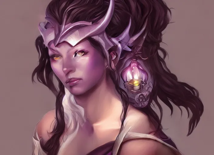 Image similar to Attractive Tiefling Druid, She has light brown skin, dark purple hair, and silver eyes full body, dungeons and dragons portrait, highly detailed, digital painting, artstation, concept art, sharp focus, illustration, art by artgerm and greg rutkowski and alphonse mucha