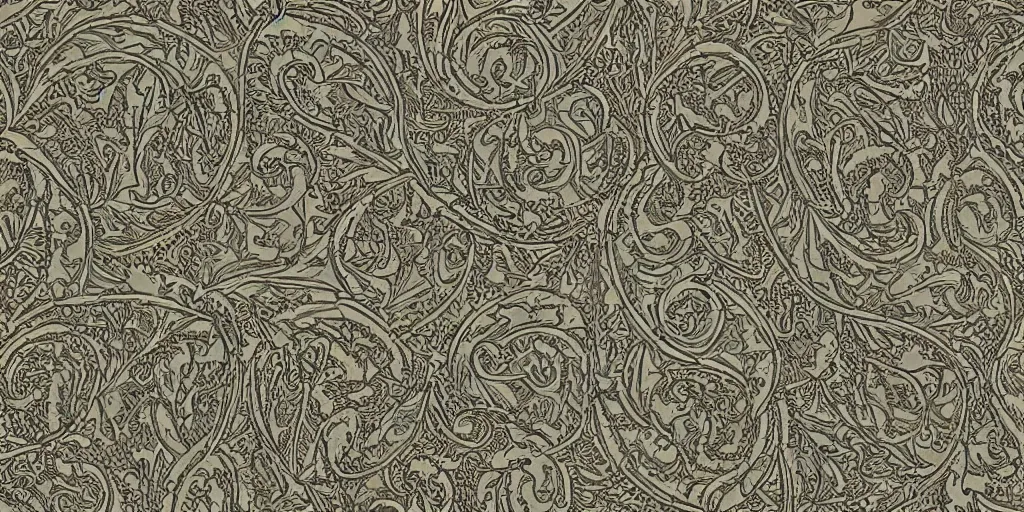 Image similar to scan of old symmetrical patterned wallpaper showing hay creatures and cryptic occult alpine symbols and dolomites