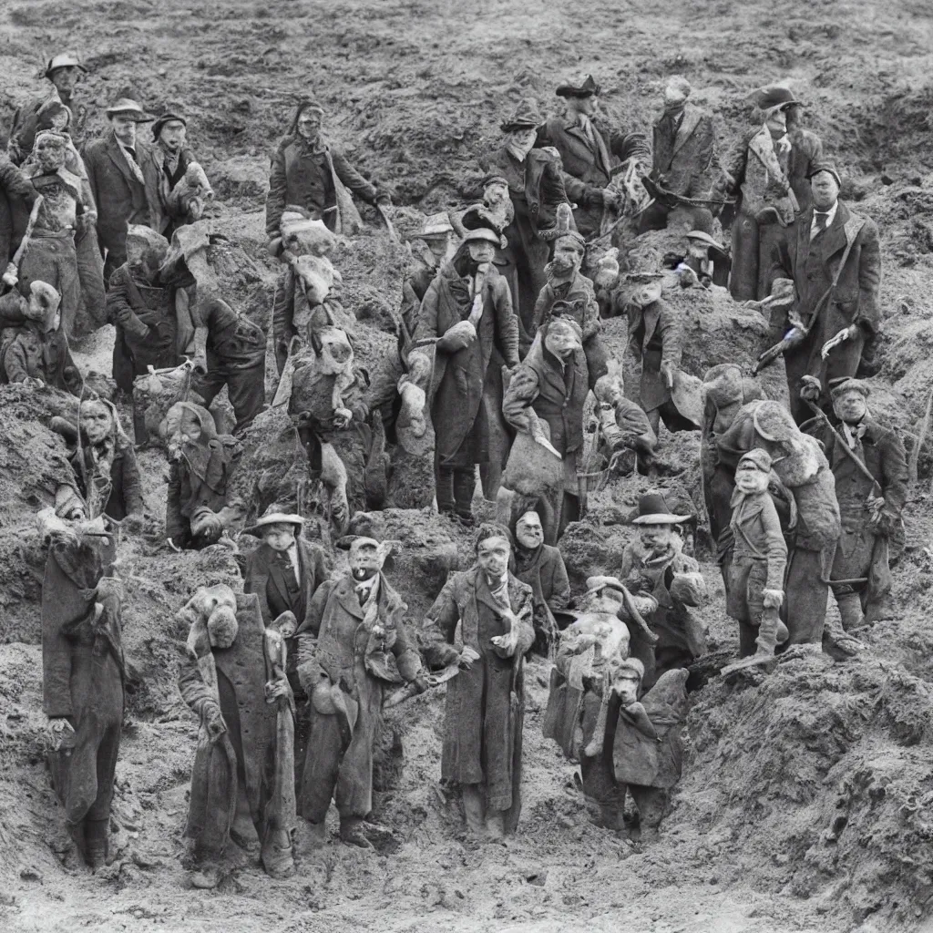 Prompt: a group of badger archaeologists with badger faces, digging at sutton hoo in 1 9 4 0 s suits, standing upright like people, anthropomorphic, style of beatrix potter, their faces are badger's faces, rendered as a highly detailed black & white photograph