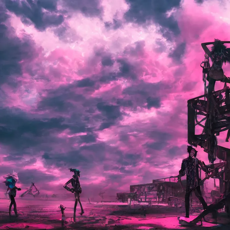 Image similar to oil painting, punk, punk back, pink, people with mohawks, neon, ultra detailed, contrast, heaven pink, clouds, sky, volumetric light, atmospheric lighting, dramatic, cinematic, steampunk, moody, octane render 4 k, 8 k