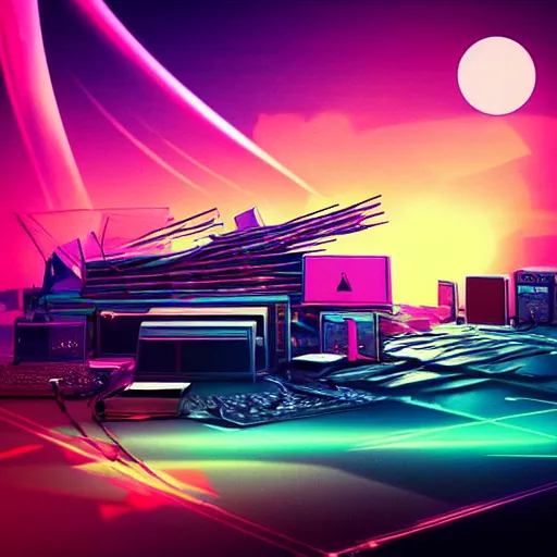 Image similar to debris of broken computer screens, synthwave, retrowave