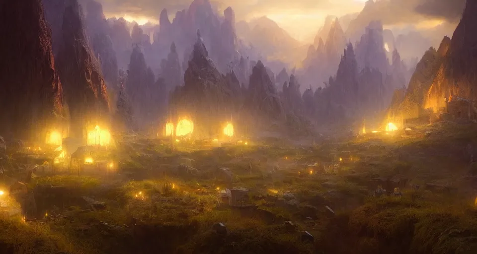 Image similar to book illustration of epic landscape valley with small wooden village. Atmospheric beautiful by Eddie mendoza and Craig Mullins. volumetric lights volumetric lights