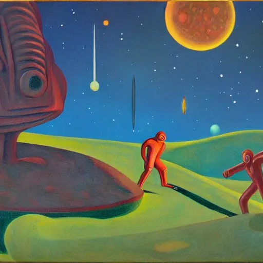 Prompt: space men exploring a fantastical alien landscape, they discover something, pj crook, edward hopper, oil on canvas