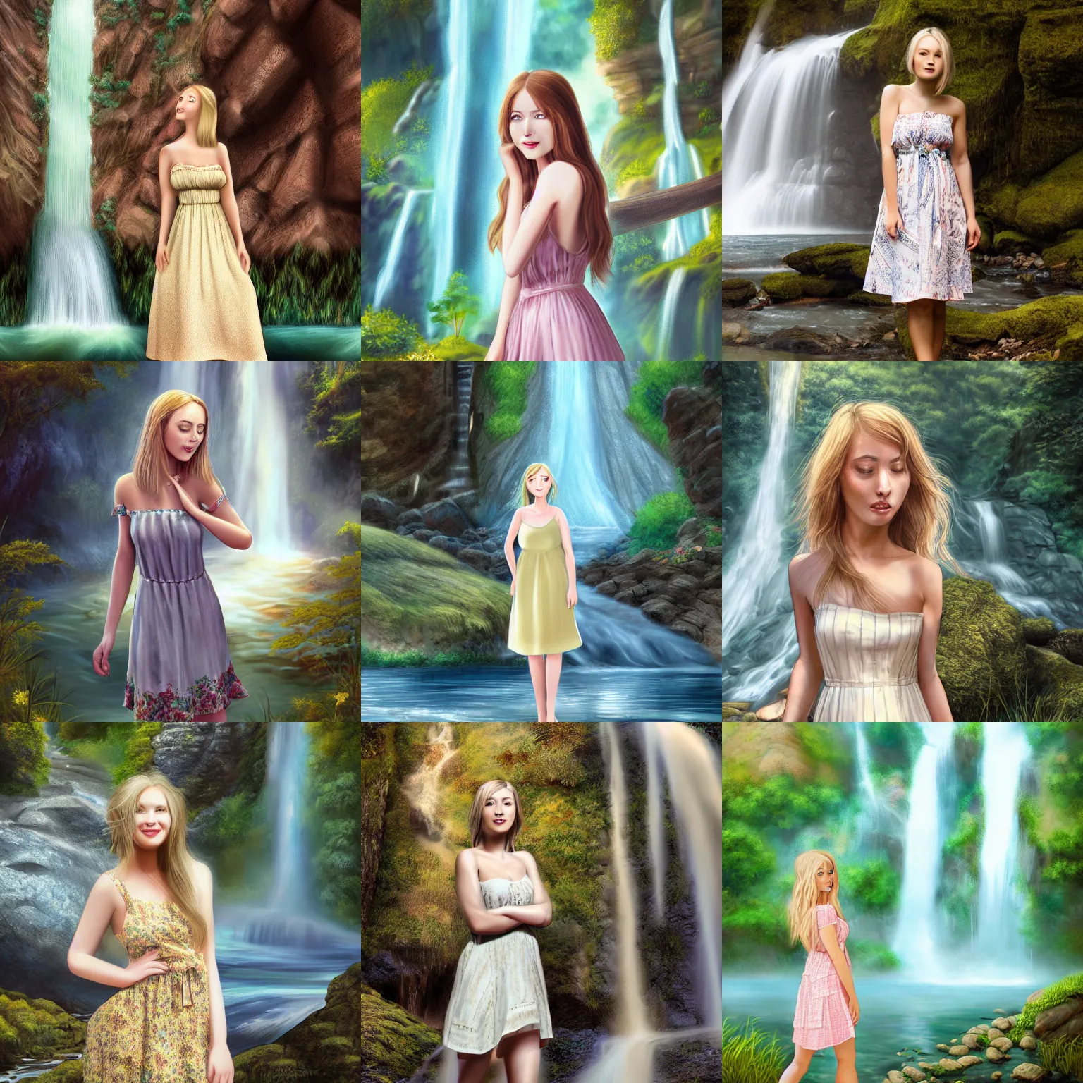 Prompt: beautiful woman in her late 20s wearing a cottagecore summer dress, light blonde shoulder-length hair, standing near a waterfall, 4k digital art, digital painting, highly detailed and intricate