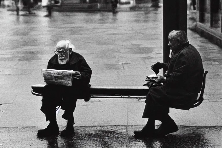 Prompt: a photojournalism photograph of an old man sat at the bus stop reading the newspaper, on a french parisian street in the morning on a rainy day, by henri cartier bresson