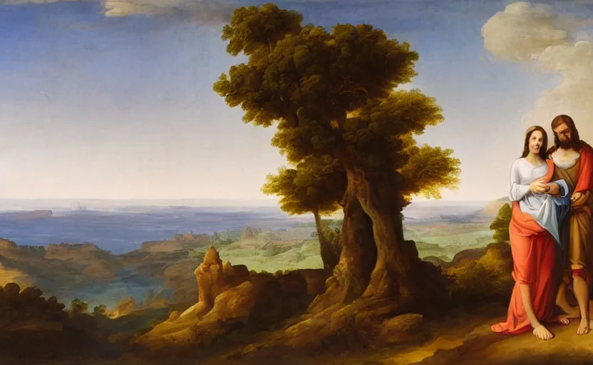 Image similar to jesus and mary magdalene standing on a cliff looking over a beautiful landscape, paradise, arcadia