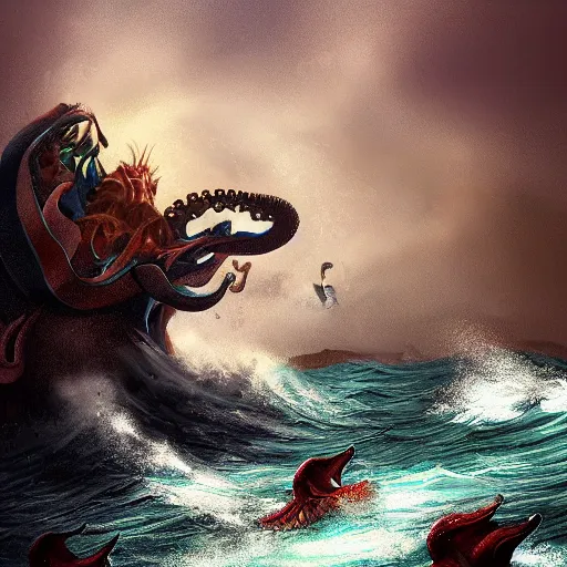 Prompt: digital artwork of a wonderful an big galion attacked by a giant octopus, rainy day an big waves. d & d, illustration, realism, trending on artstation