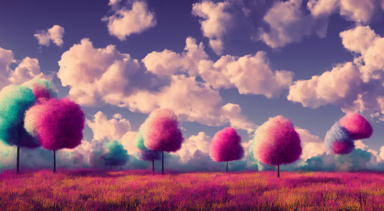 Prompt: Colorful fluffy trees in a meadow and cotton candy clouds, octane render, volumetric lighting, 4K