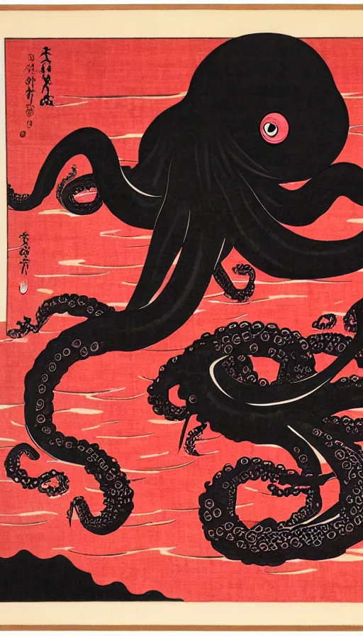 Image similar to an angry black octopus in a frothy red ocean, ukiyo-e