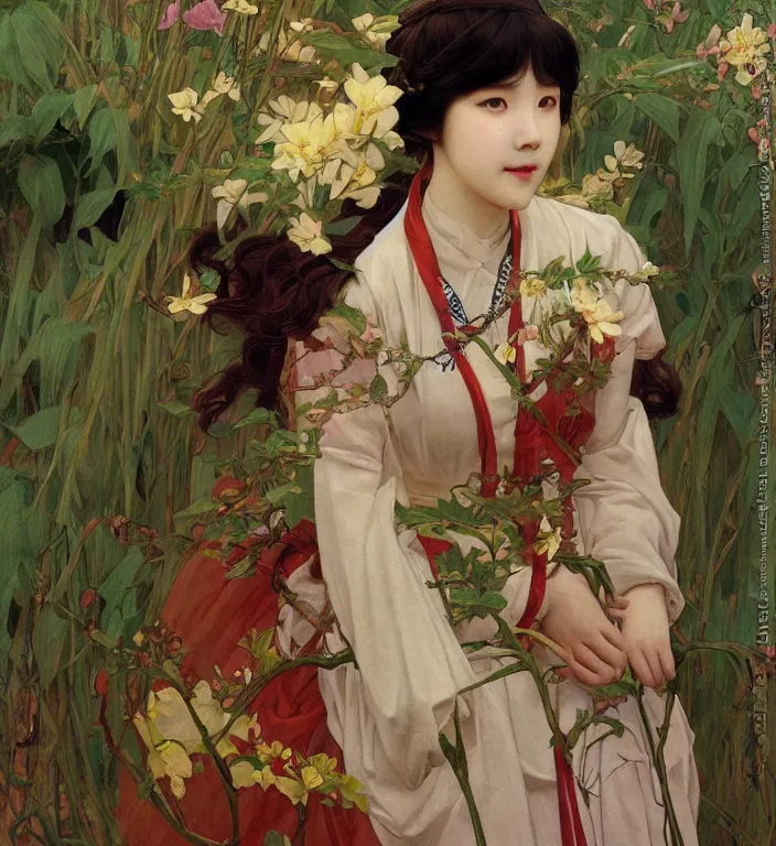 Image similar to IU, Korean Idol, Korean Artist, very detailed, digital art, concept art, studio quality, ethereal, art style by Edmund Bliar Leighton and J. C. Leyendecker and Alphonse Mucha