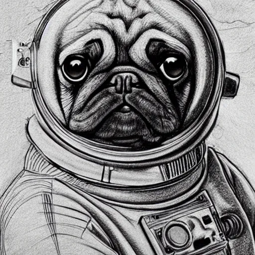 Image similar to pencil art, golden - ratio, spirals, highly detailed, astronaut pug in outer space by davinci.