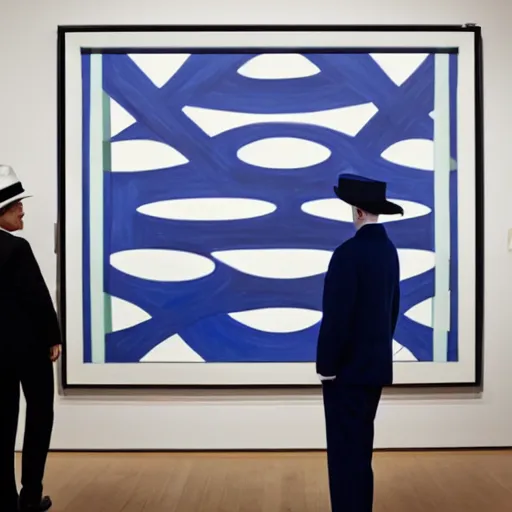 Image similar to in an art gallery, there is a huge painting of carmen herrera blue with white line. a man in a top hat and a suit iadmiring the painting. cgsociety, surrealism, surrealist, dystopian art, purple color scheme