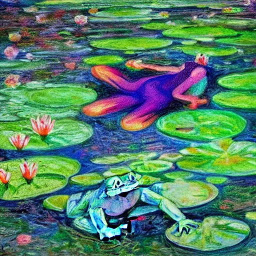 Image similar to alex jone infowars, lying on lily pad, frogs, style of claude monet, rainbow colors, painting