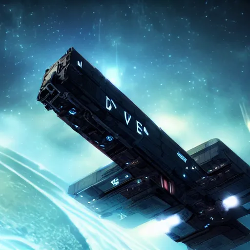 Prompt: spaceship made of shipping containers, black background, eve online, the expanse, long shot