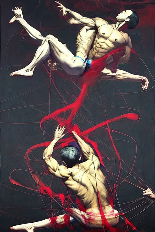 Image similar to two muscular men entwined, floating in space, zero gravity, inside a brutalist space ship, gothic, rich deep colours, painted by francis bacon, adrian ghenie, james jean and petra cortright, part by gerhard richter, part by takato yamamoto. 8 k masterpiece