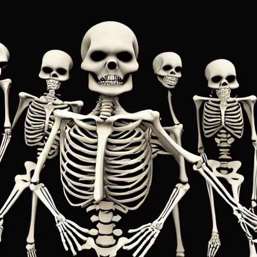 Prompt: skeleton dancing in a late night party filled with other skeletons, ultrarealistic