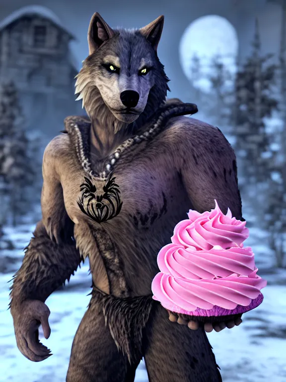 Image similar to cute handsome cuddly burly surly relaxed calm timid werewolf from van helsing holding a cute cupcake with pink frosting in a candy shop sweet unreal engine hyperreallistic render 8k character concept art masterpiece screenshot from the video game the Elder Scrolls V: Skyrim