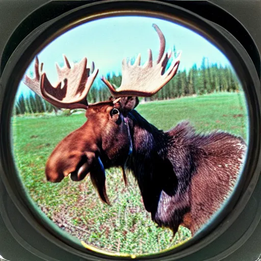 Prompt: close - up fisheye polaroid of a moose, kodachrome