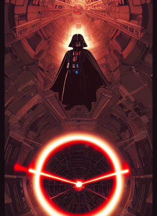 Image similar to platonic ideal luke skywalker, nazgul mandelbulb, deathstar, millenium falcon, detailed, darth vader, action pose, intricate, volumetric lighting, moebius, dan mumford, alphonse mucha, poster,