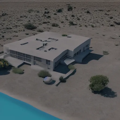 Image similar to brutalist villa in middle of a desert, aerial view, photorealistic render in octane