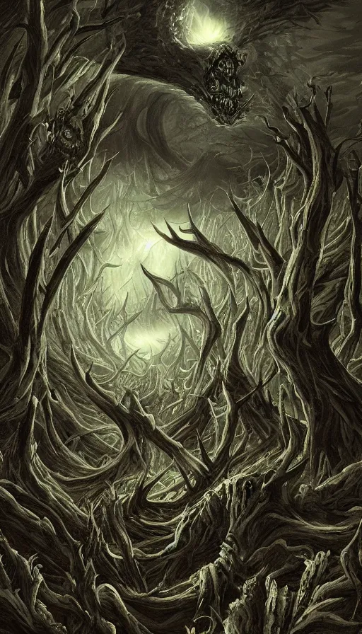 Image similar to a storm vortex made of many demonic eyes and teeth over a forest, by jesper esjing