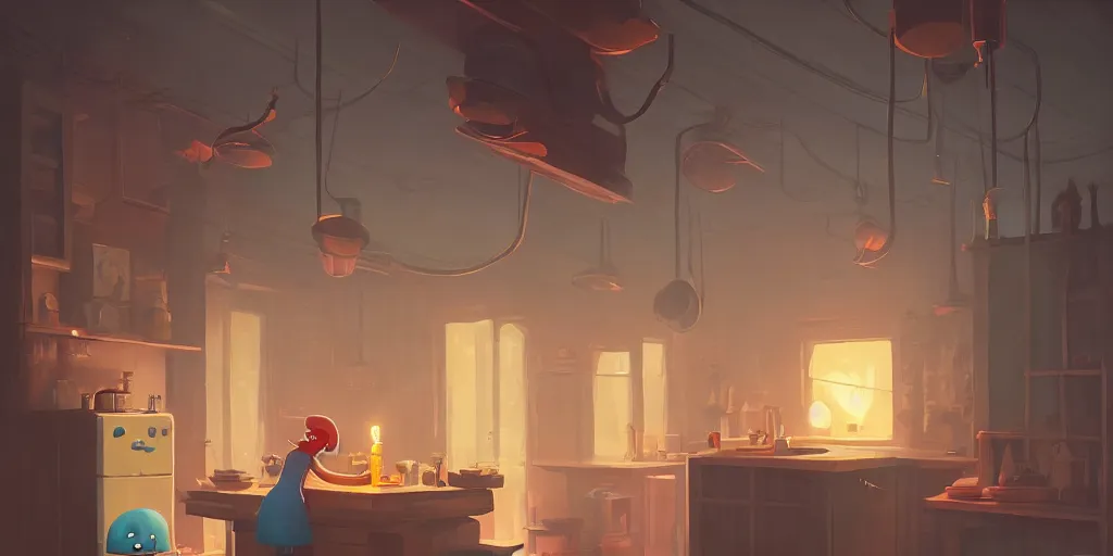 Image similar to cute solitary kitchen dim lit by a candle ripped physique simon stalenhag gerald brom bastien grivet by greg rutkowski, game background fisheye lens, low angle, day of the tentacle, bird's-eye view