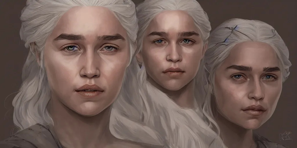 Image similar to daenerys targaryen, face study, character sheet, concept design, contrast, kim jung gi, greg rutkowski, zabrocki, karlkka, jayison devadas, trending on artstation, 8 k, ultra wide angle, pincushion lens effect